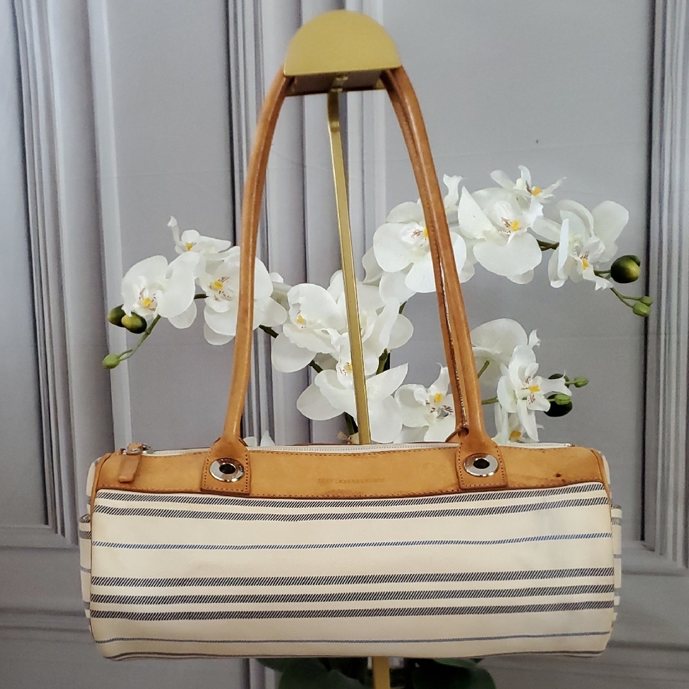 Burberry Canvas Leather Striped Tan and Cream Barrel Shoulder Bag For Women